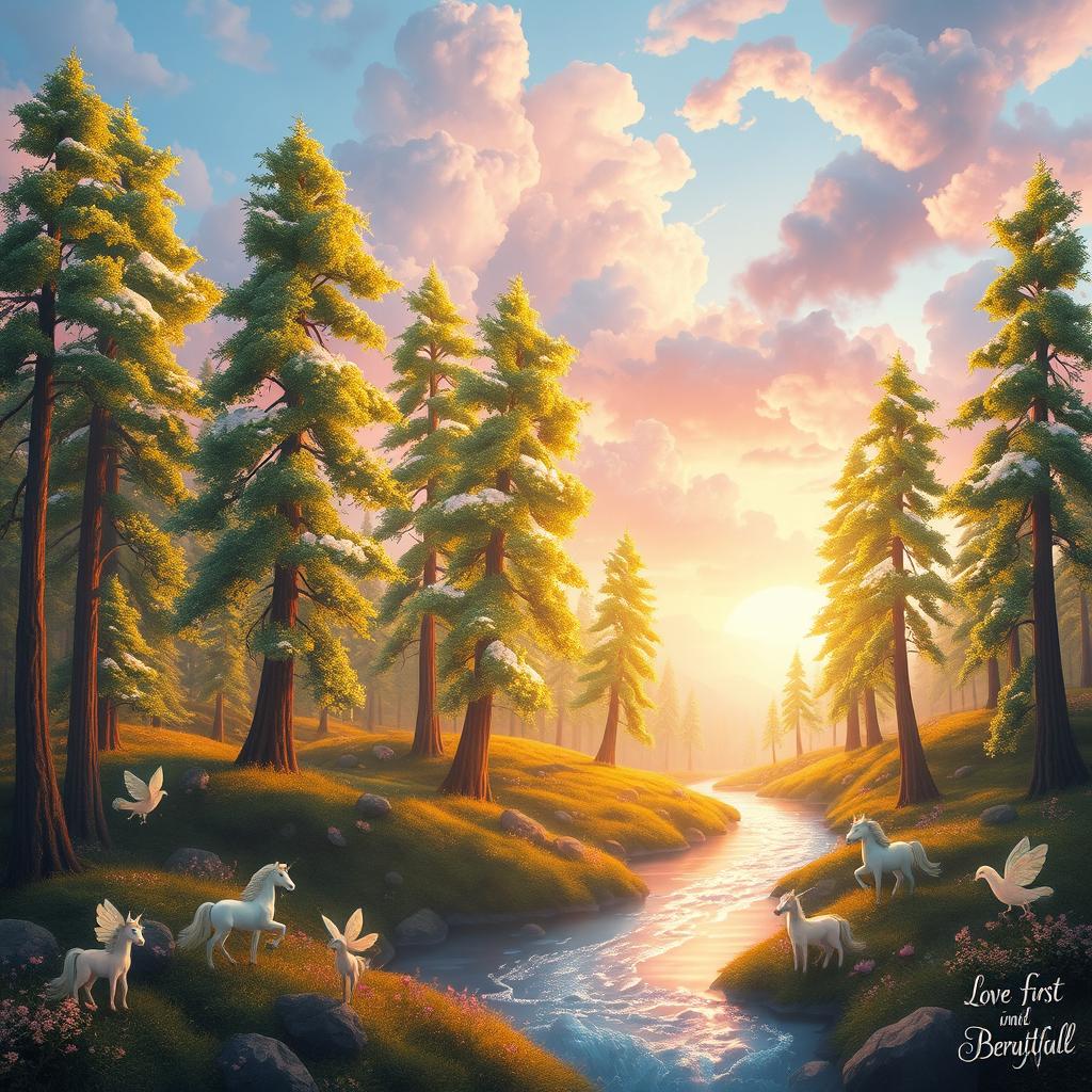 A whimsical landscape featuring a beautiful mystical forest illuminated by a soft golden light