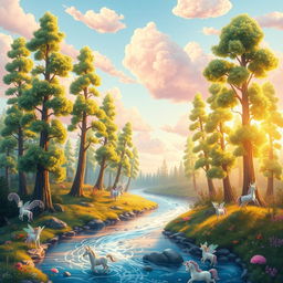 A whimsical landscape featuring a beautiful mystical forest illuminated by a soft golden light