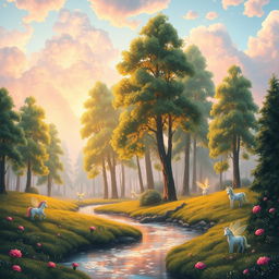 A whimsical landscape featuring a beautiful mystical forest illuminated by a soft golden light