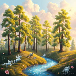 A whimsical landscape featuring a beautiful mystical forest illuminated by a soft golden light