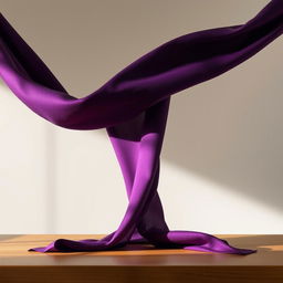 A luxurious piece of purple cloth elegantly draped across a smooth wooden surface, showcasing its rich texture and deep hue