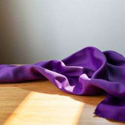 A luxurious piece of purple cloth elegantly draped across a smooth wooden surface, showcasing its rich texture and deep hue