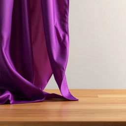 A luxurious piece of purple cloth elegantly draped across a smooth wooden surface, showcasing its rich texture and deep hue