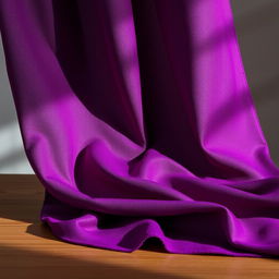 A luxurious piece of purple cloth elegantly draped across a smooth wooden surface, showcasing its rich texture and deep hue