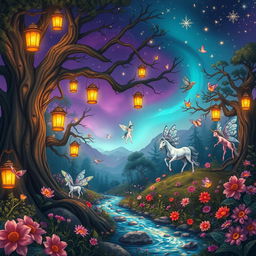 A whimsical and enchanting scene set in a mystical forest with glowing lanterns hanging from ancient trees, casting a warm and inviting light