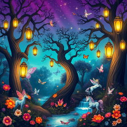 A whimsical and enchanting scene set in a mystical forest with glowing lanterns hanging from ancient trees, casting a warm and inviting light
