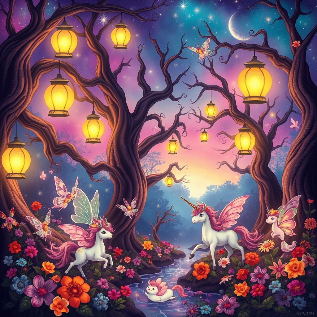 A whimsical and enchanting scene set in a mystical forest with glowing lanterns hanging from ancient trees, casting a warm and inviting light