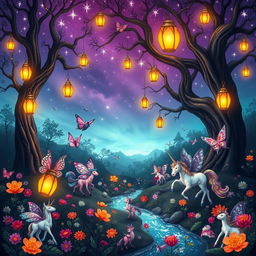 A whimsical and enchanting scene set in a mystical forest with glowing lanterns hanging from ancient trees, casting a warm and inviting light