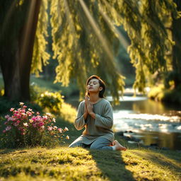 A serene and peaceful scene of a person in prayer, surrounded by nature