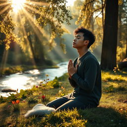 A serene and peaceful scene of a person in prayer, surrounded by nature