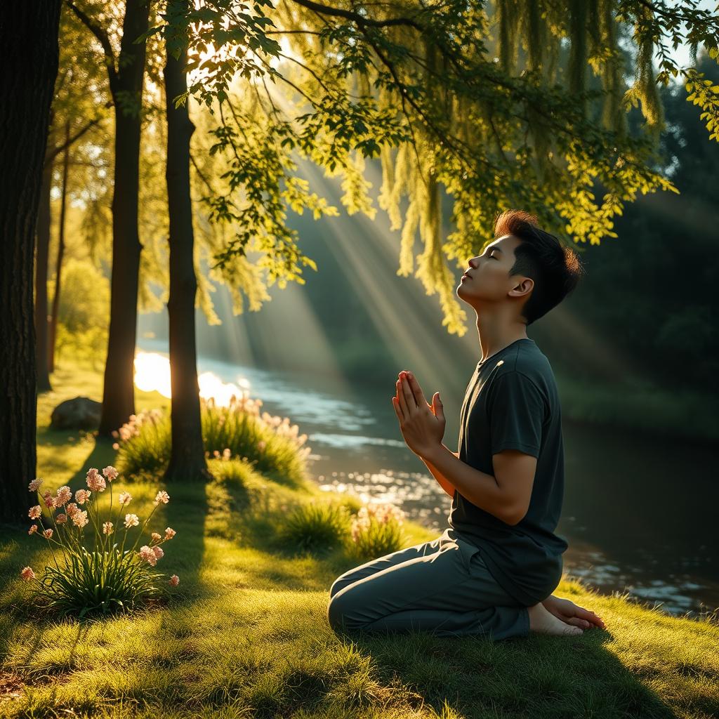 A serene and peaceful scene of a person in prayer, surrounded by nature