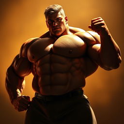 A large, muscular figure posing confidently in a dramatic light setting, showcasing impressive male physique