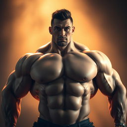A large, muscular figure posing confidently in a dramatic light setting, showcasing impressive male physique