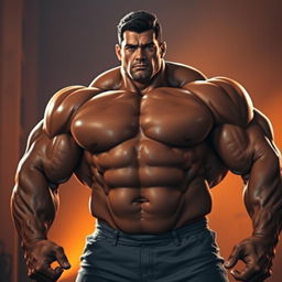 A large, muscular figure posing confidently in a dramatic light setting, showcasing impressive male physique