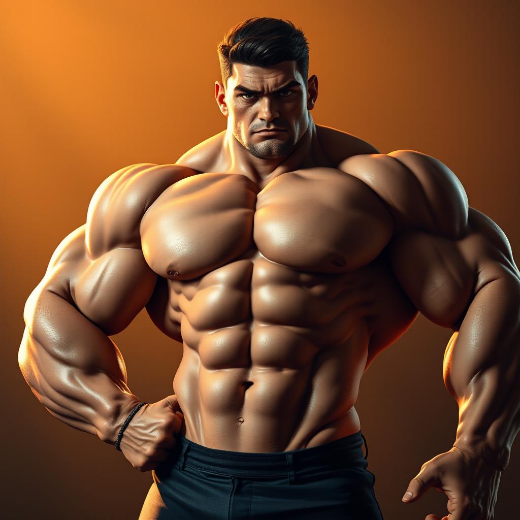 A large, muscular figure posing confidently in a dramatic light setting, showcasing impressive male physique