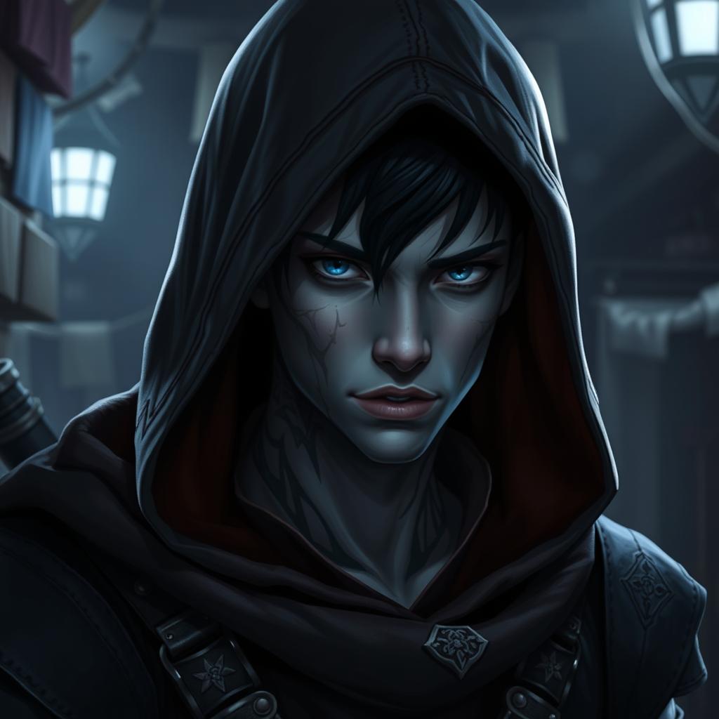 A young male Drow character portrayed as a rogue from Dungeons and Dragons