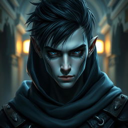 A young male Drow character portrayed as a rogue from Dungeons and Dragons
