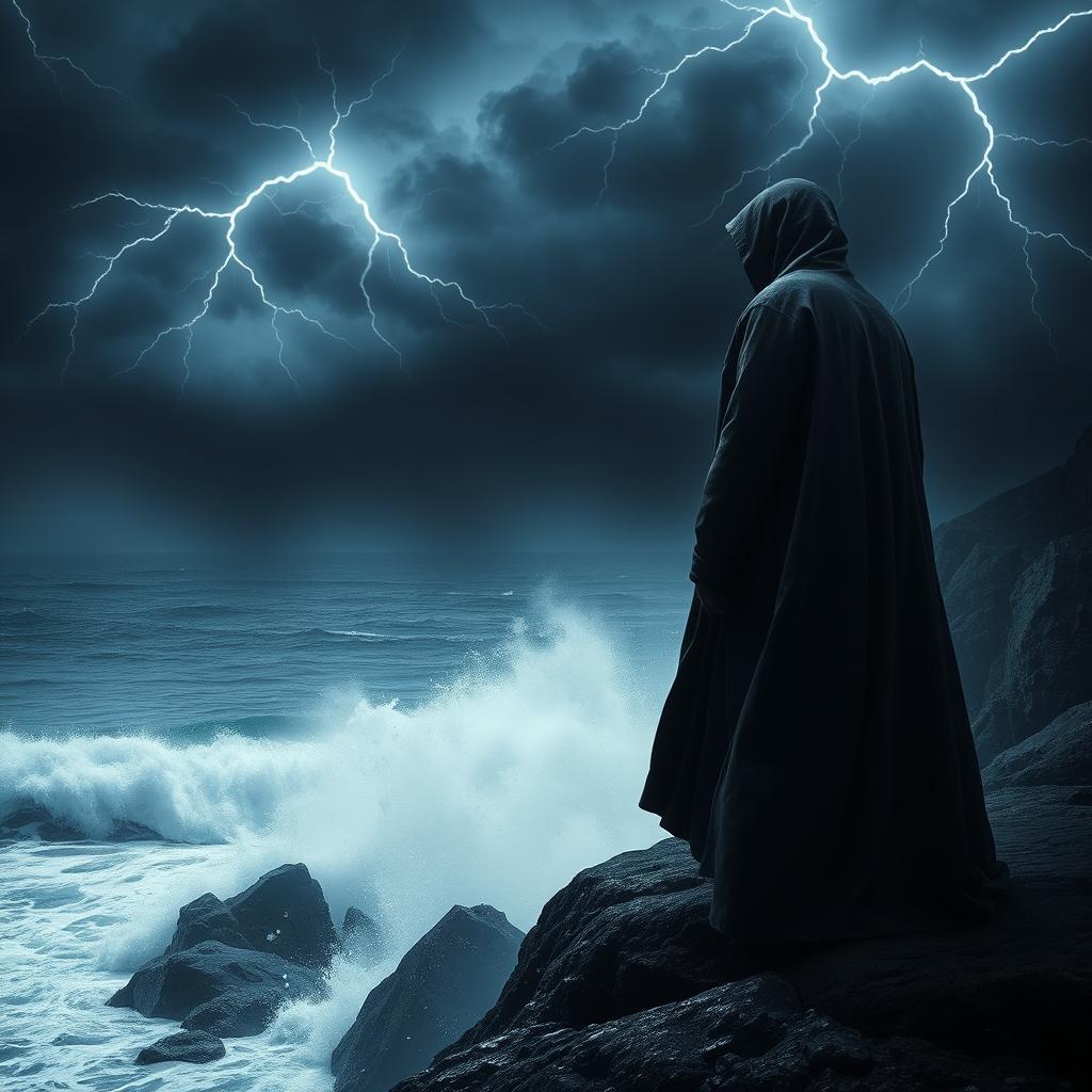 A mysterious hooded figure standing on a rocky cliff overlooking a stormy ocean
