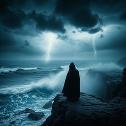 A mysterious hooded figure standing on a rocky cliff overlooking a stormy ocean