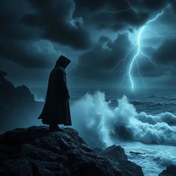 A mysterious hooded figure standing on a rocky cliff overlooking a stormy ocean