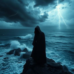 A mysterious hooded figure standing on a rocky cliff overlooking a stormy ocean