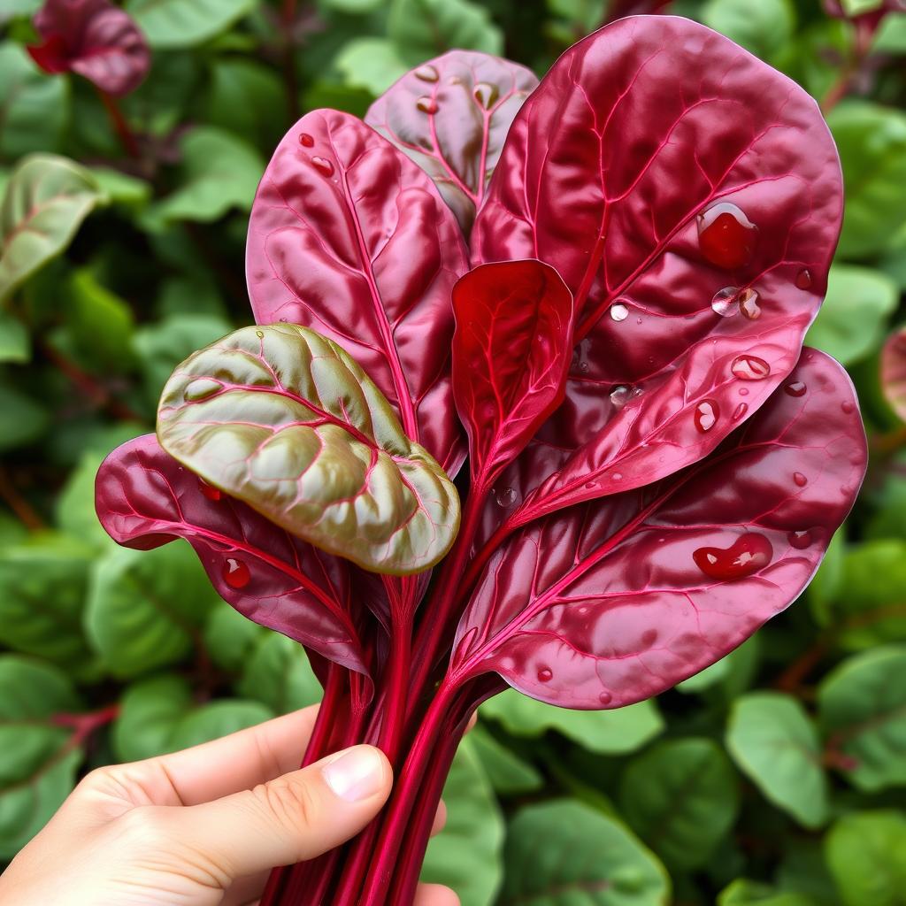 A vibrant and detailed illustration of red spinach, showcasing its beautiful dark red leaves and stems