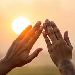 A close-up of two hands in a prayer position, beautifully decorated with intricate henna designs, resting gently against a soft, blurred background of warm sunset hues