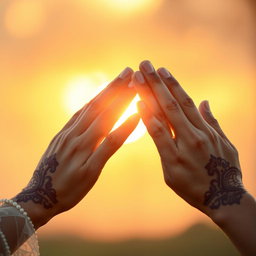 A close-up of two hands in a prayer position, beautifully decorated with intricate henna designs, resting gently against a soft, blurred background of warm sunset hues