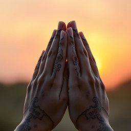 A close-up of two hands in a prayer position, beautifully decorated with intricate henna designs, resting gently against a soft, blurred background of warm sunset hues
