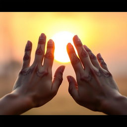 A close-up of two hands in a prayer position, beautifully decorated with intricate henna designs, resting gently against a soft, blurred background of warm sunset hues