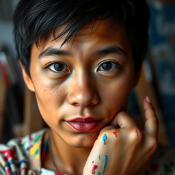 A close-up headshot of a Filipino artist painter, capturing the essence of creativity and passion in their expression