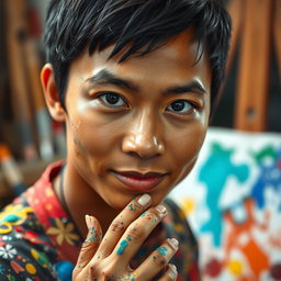 A close-up headshot of a Filipino artist painter, capturing the essence of creativity and passion in their expression