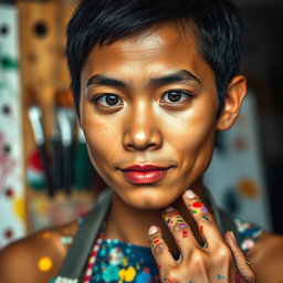 A close-up headshot of a Filipino artist painter, capturing the essence of creativity and passion in their expression