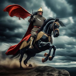 A medieval knight charging into battle on a black horse with a red plume. The knight's flag is emblazed with a splendid golden lion against a dark blue backdrop. In the background, an impressively large medieval stone castle under a stormy sky.