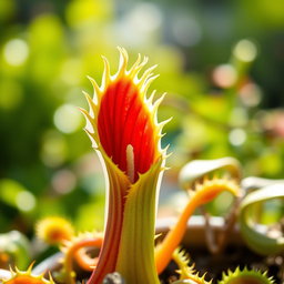 A captivating cover photo showcasing a detailed cut-out of a Venus flytrap, highlighting its unique structure with vibrant green foliage and a strikingly deep red interior