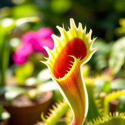 A captivating cover photo showcasing a detailed cut-out of a Venus flytrap, highlighting its unique structure with vibrant green foliage and a strikingly deep red interior