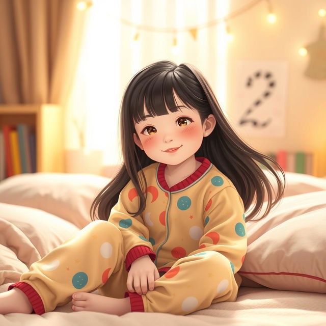 A young oriental girl wearing colorful pajamas, sitting comfortably in a cozy bedroom surrounded by soft cushions and warm light