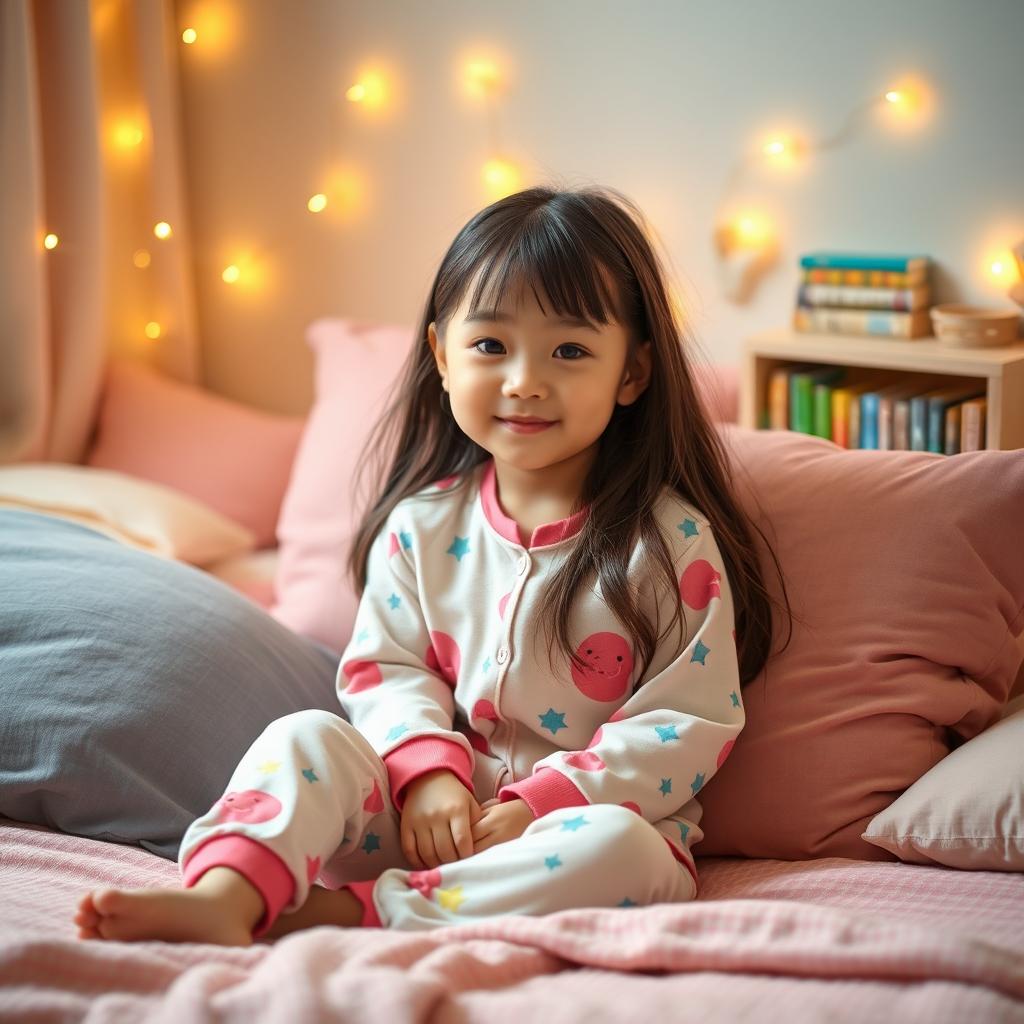 A young oriental girl wearing colorful pajamas, sitting comfortably in a cozy bedroom surrounded by soft cushions and warm light