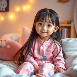 A young oriental girl wearing colorful pajamas, sitting comfortably in a cozy bedroom surrounded by soft cushions and warm light