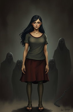 A poignant depiction of a female figure, representing resilience and courage, standing tall amidst a dark and sorrowful background that symbolizes a troubled home life