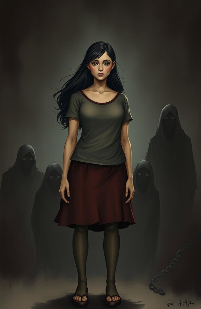 A poignant depiction of a female figure, representing resilience and courage, standing tall amidst a dark and sorrowful background that symbolizes a troubled home life