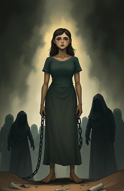 A poignant depiction of a female figure, representing resilience and courage, standing tall amidst a dark and sorrowful background that symbolizes a troubled home life