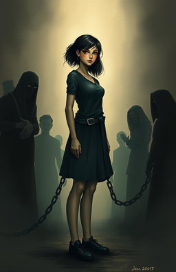 A poignant depiction of a female figure, representing resilience and courage, standing tall amidst a dark and sorrowful background that symbolizes a troubled home life