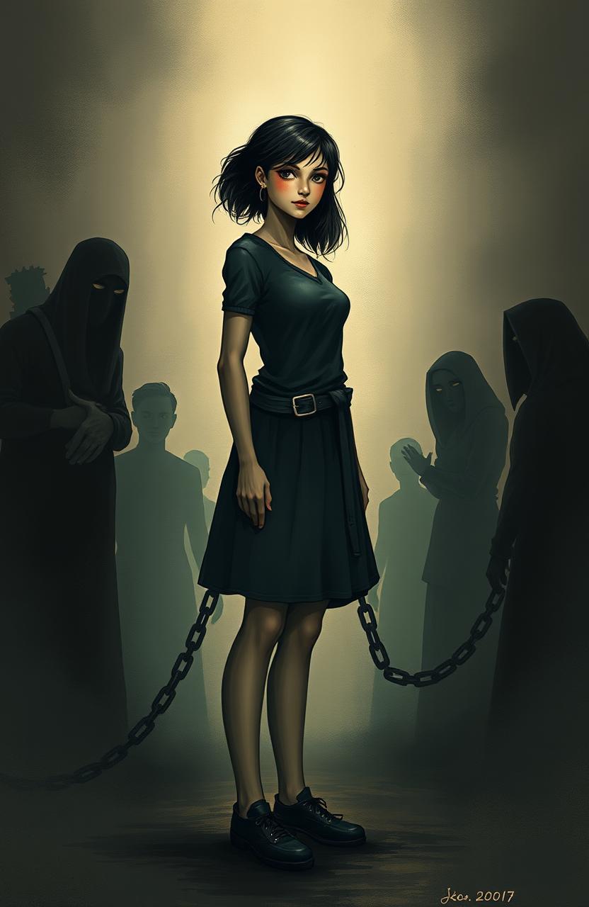 A poignant depiction of a female figure, representing resilience and courage, standing tall amidst a dark and sorrowful background that symbolizes a troubled home life