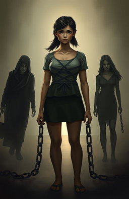 A poignant depiction of a female figure, representing resilience and courage, standing tall amidst a dark and sorrowful background that symbolizes a troubled home life