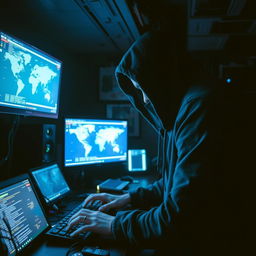 A mysterious hacker sitting in a dimly lit room filled with high-tech computers and glowing screens displaying code and digital maps