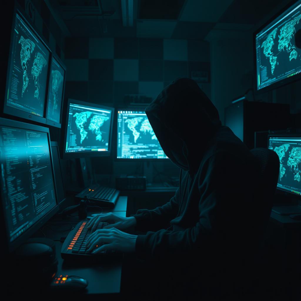 A mysterious hacker sitting in a dimly lit room filled with high-tech computers and glowing screens displaying code and digital maps