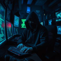 A mysterious hacker sitting in a dimly lit room filled with high-tech computers and glowing screens displaying code and digital maps
