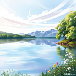 A beautiful, serene lakeside scene depicted in a watercolor painting style for a book cover