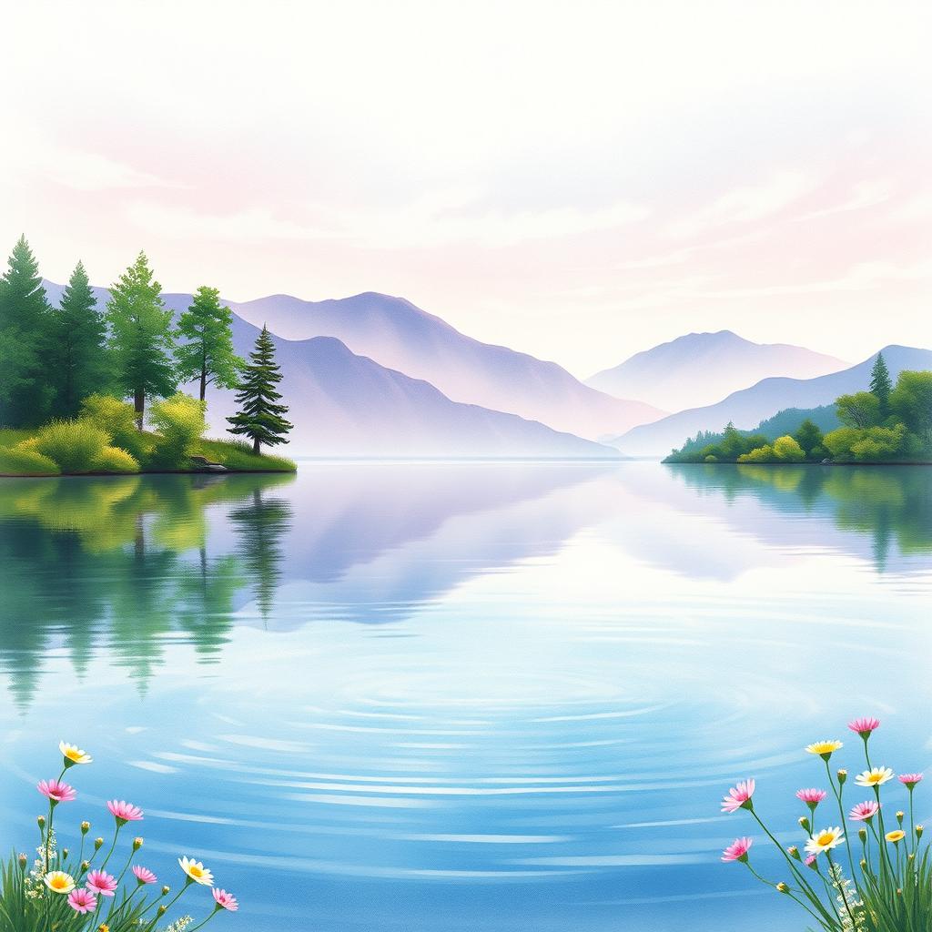 A beautiful, serene lakeside scene depicted in a watercolor painting style for a book cover